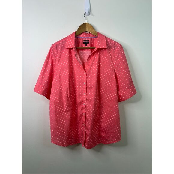 Talbots‎ Button Front Shirt Sz 20 Pink White Polka Dot Wrinkle Resistant Cotton - Picture 1 of 11